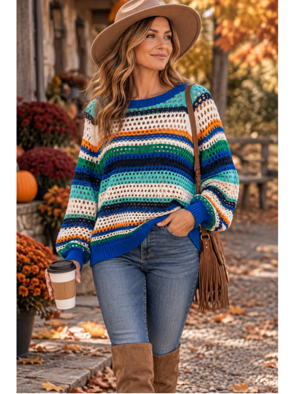 Women's Tribal Striped Crochet Knit Crew Neck Sweater Blue White XL